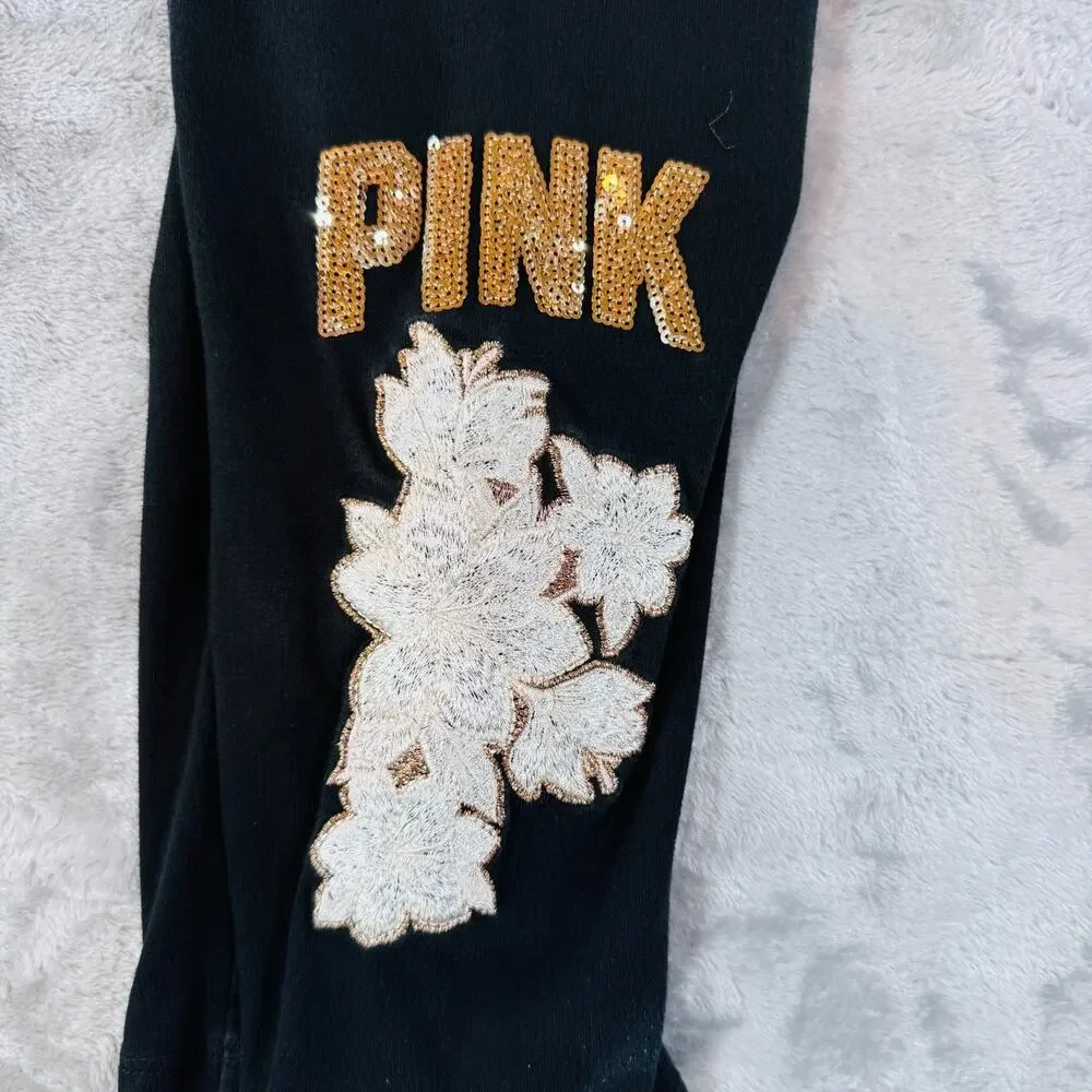 PINK Victoria's Secret Womens Size L Black Sequin Floral Yoga Leggings Foldover